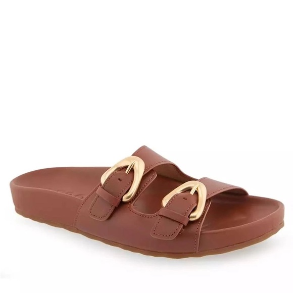 Aerosoles Bruns Brown double band Slide Sandals with Gold Buckles 9 - Picture 1 of 12